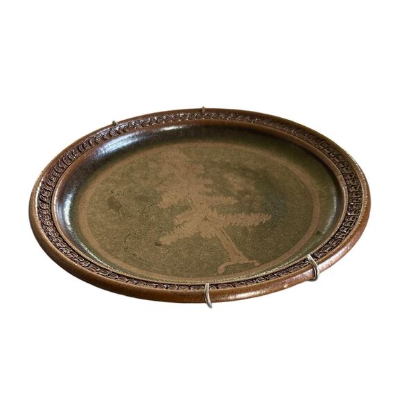 Rustic Brown and Green Tree Silhouette Stoneware Wall Hanging Plate - Picture 2 of 6